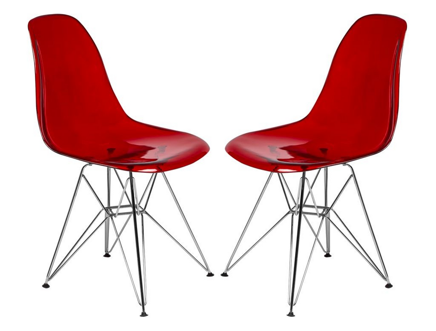 LeisureMod Cresco Molded Eiffel Side Chair, Set of 2 Transparent Red