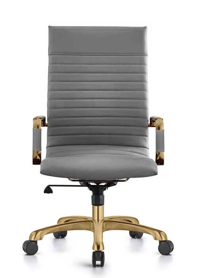 LeisureMod Harris High-Back Leatherette Office Chair with Gold Frame Grey Front View.