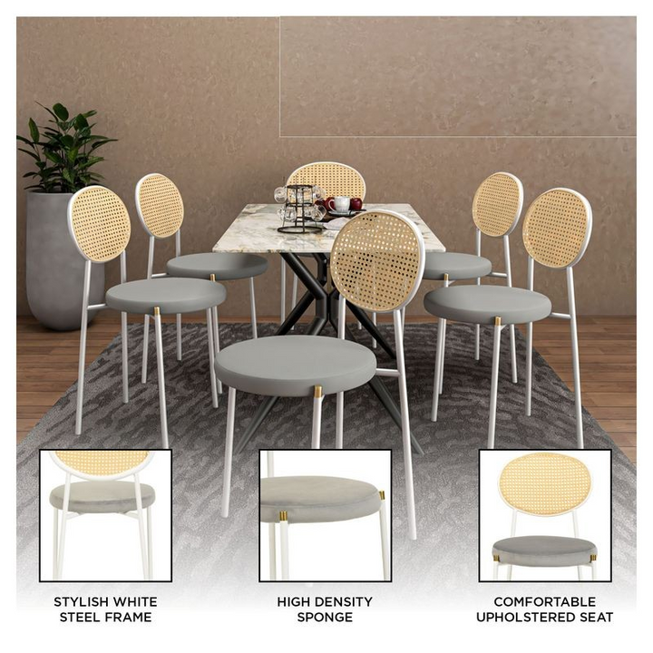 Dining table set with chairs featuring white steel frame, high-density sponge, and comfortable upholstered seat.