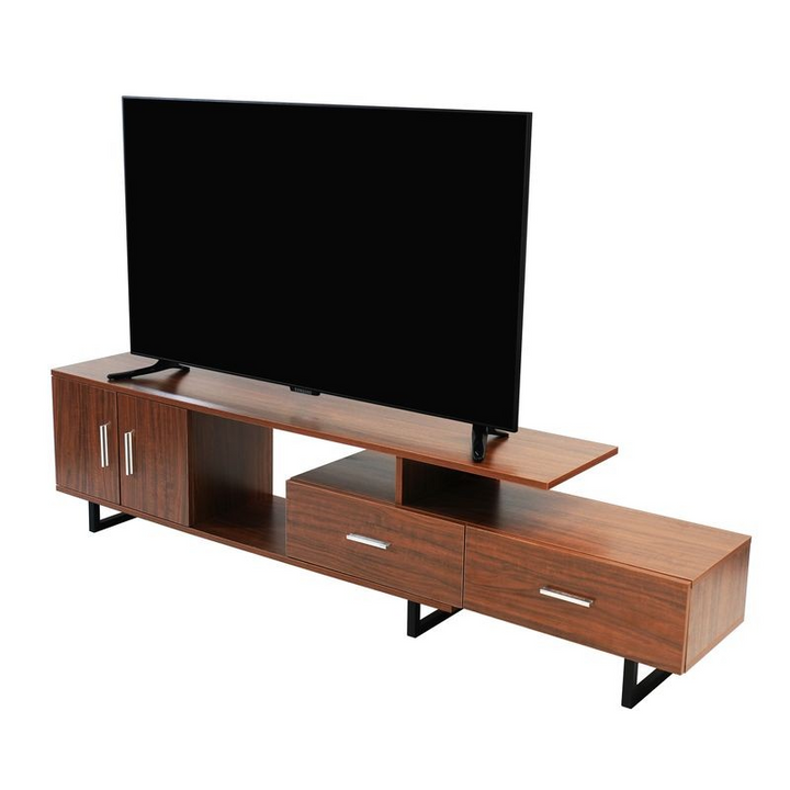 LeisureMod Avery Mid-Century Modern TV Stand with MDF Cabinet and Powder Coated Steel Legs Walnut Angled View.