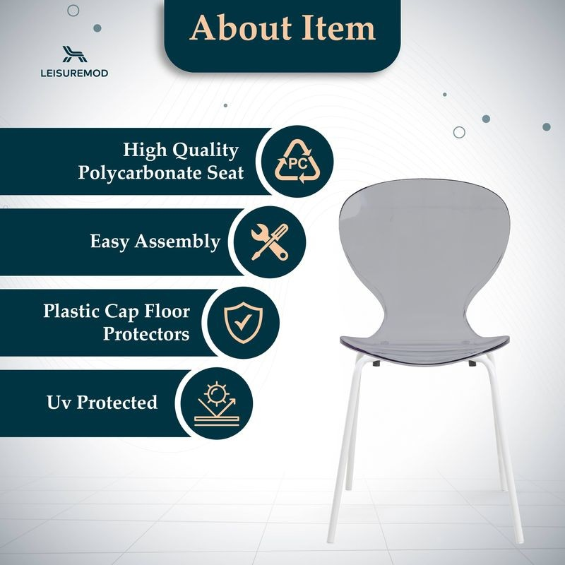Gray chair with LeisureMod branding and product features listed on a white background.