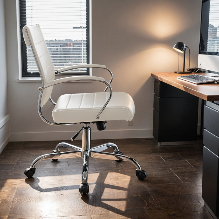 LeisureMod Benmar Leather Office Chair Tan in Room.