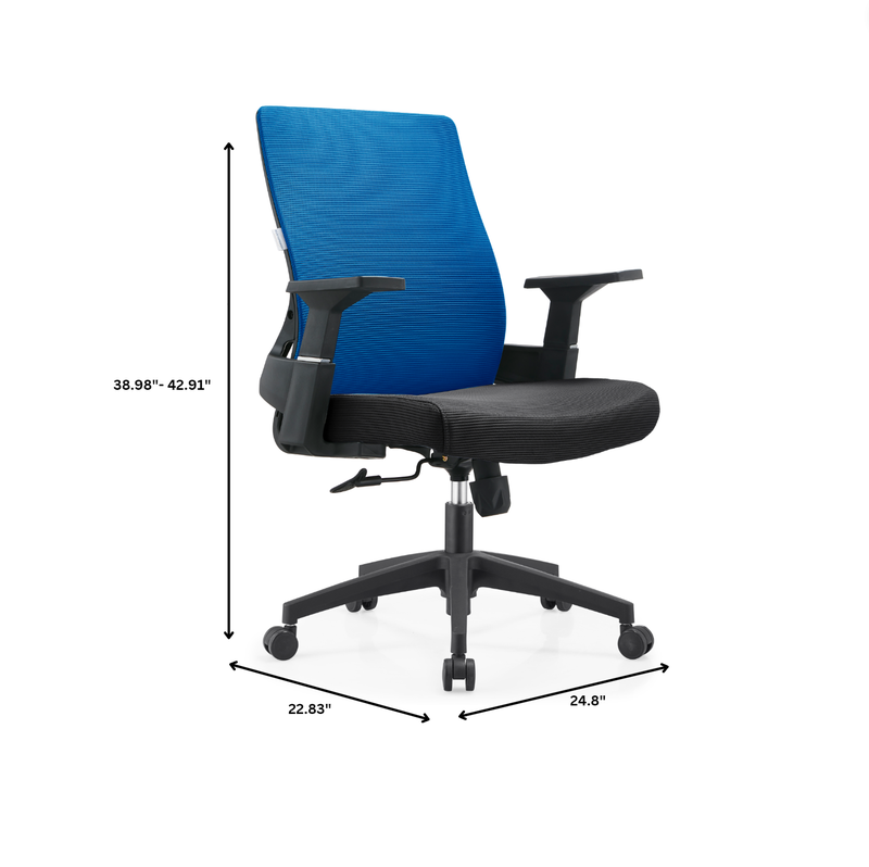 Blue office chair with dimensions displayed on a white background.