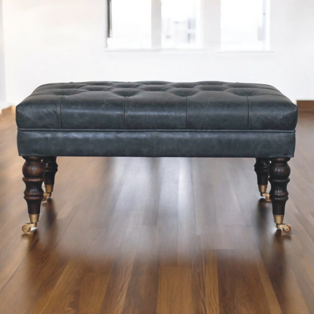 Buffalo Teal Leather Ottoman with Castor Legs with Background