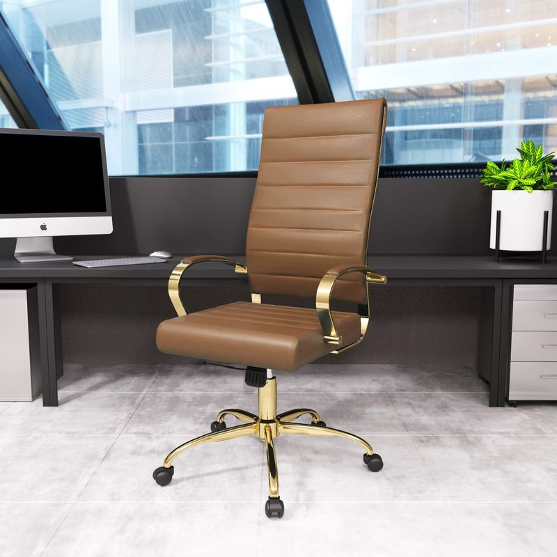 LeisureMod Benmar High-Back Leather Office Chair with Gold Frame Light Brown in Office.