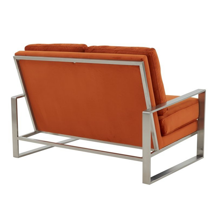 Leisuremod Jefferson Contemporary Modern Velvet Loveseat with Silver Frame Orange Back Photo.