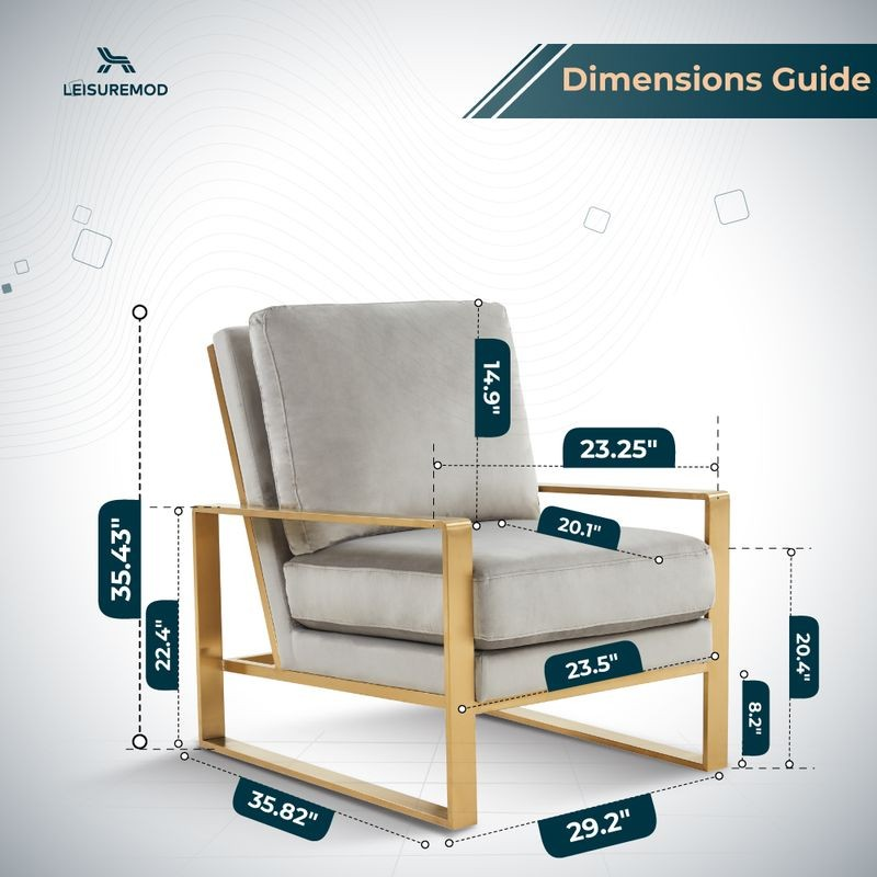LeisureMod Jefferson Velvet Design Accent Armchair with Gold Brass Finish Frame Light Gray Dimensions