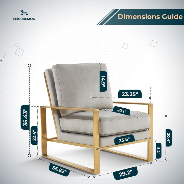 LeisureMod Jefferson Velvet Design Accent Armchair with Gold Brass Finish Frame Light Gray Dimensions