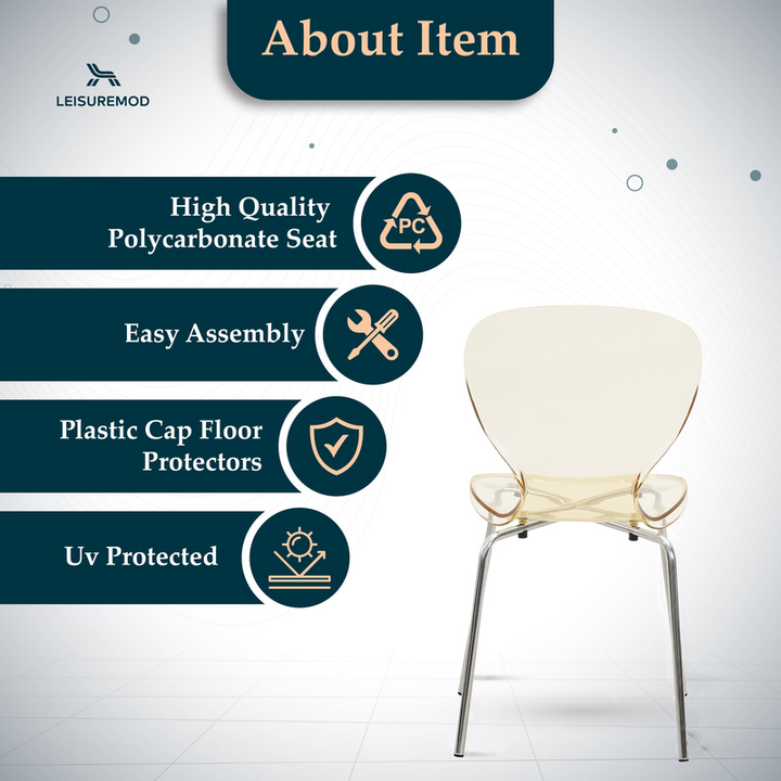 Chair with LeisureMod branding and features listed on a white background.