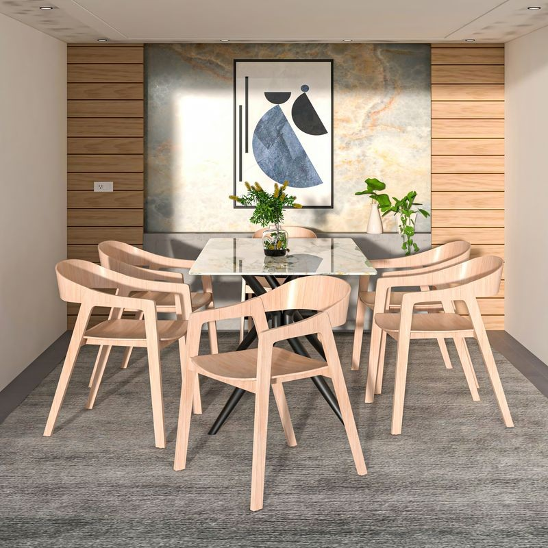 LeisureMod Rivo Collection Elegant Dining Chair in Natural Wood at Table.