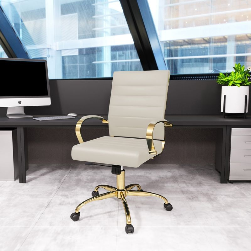 LeisureMod Benmar Home Leather Office Chair with Gold Frame Tan in Room.