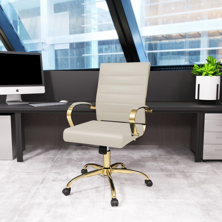 LeisureMod Benmar Home Leather Office Chair with Gold Frame Tan in Room.