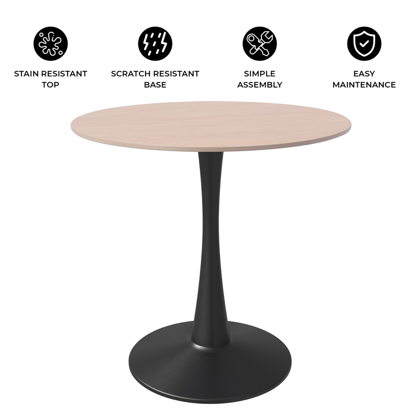 LeisureMod Bristol 27" Round Dining Table Black Base with Sintered Stone Natural Wood Top Details.
