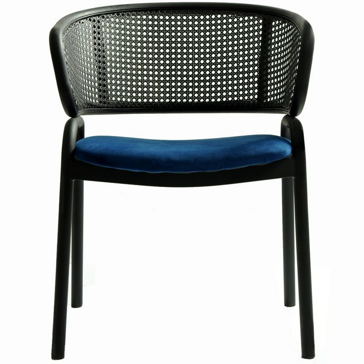 LeisureMod Ervilla Dining Armchair in Black Steel Frame with Black Wicker Back and Navy Blue Seat Front View.