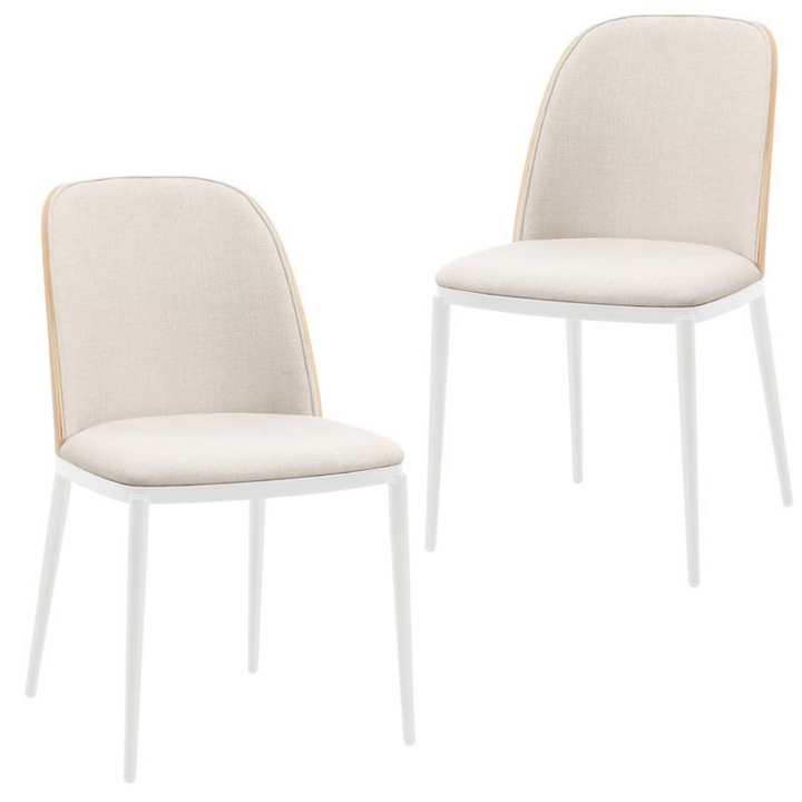LeisureMod Tule Mid-Century Modern Dining Side Chair with Velvet Seat and White Powder-Coated Steel Frame, Set of 2 Natural Wood/Beige