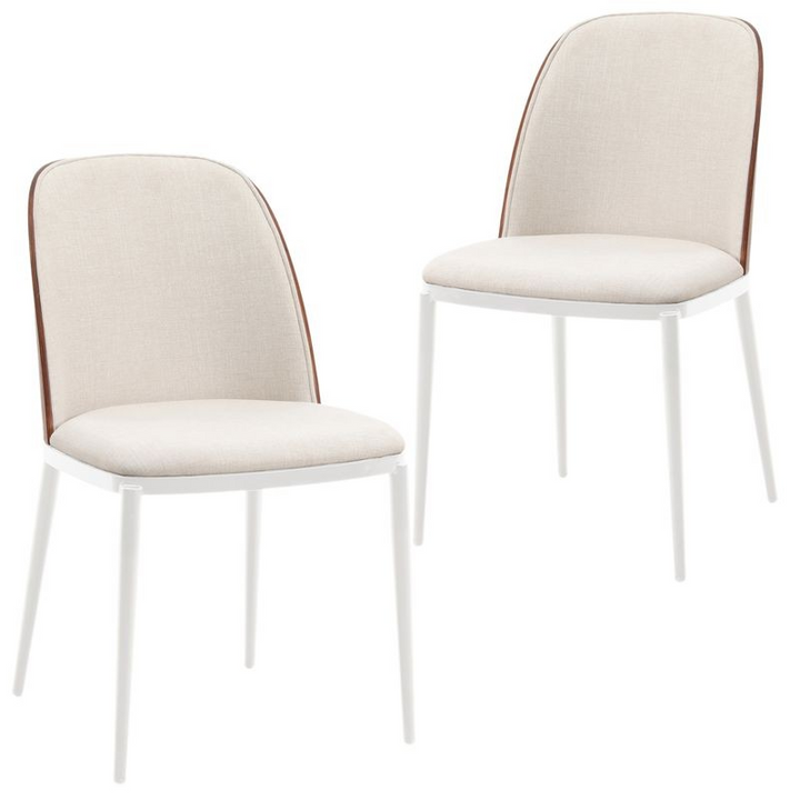 LeisureMod Tule Mid-Century Modern Dining Side Chair with Velvet Seat and White Powder-Coated Steel Frame, Set of 2 Walnut/Beige