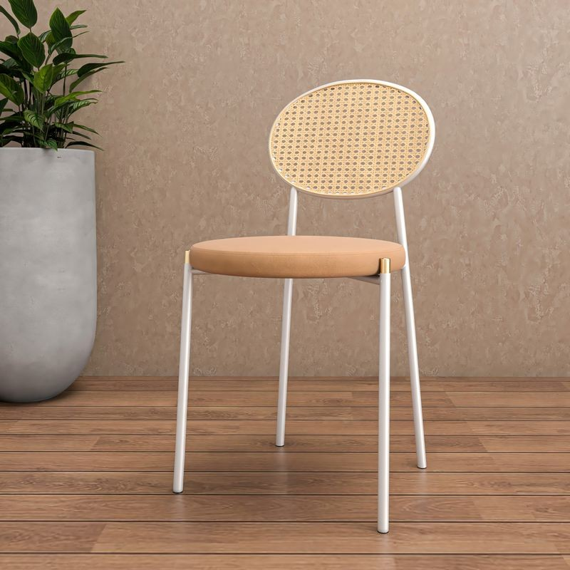 Chair with woven backrest and wooden seat on a wooden floor with a plant in the background.