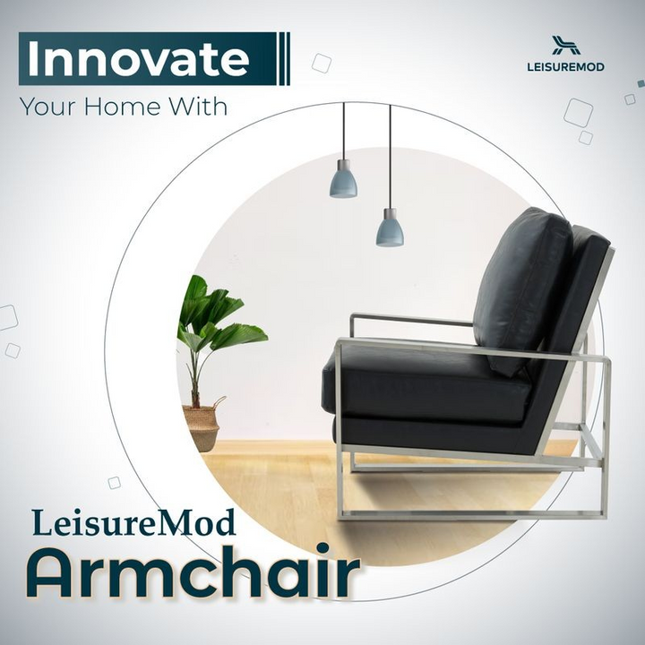 LeisureMod Jefferson Leather Modern Design Accent Armchair with Elegant Silver Frame Black Innovation.