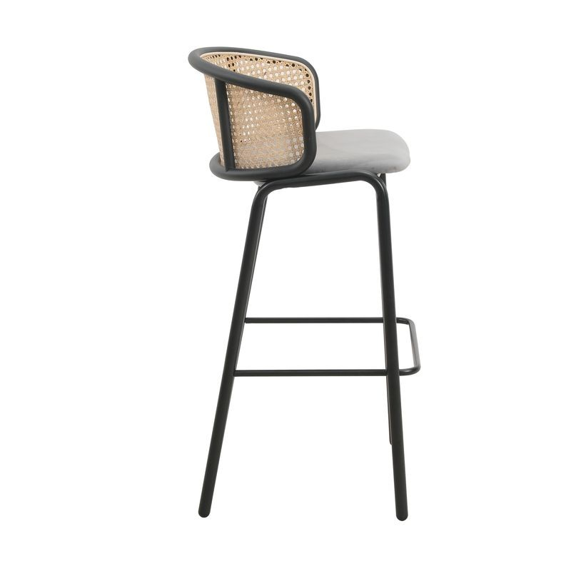 LeisureMod Ervilla Mid-Century Modern Wicker Bar Stool with Fabric Seat and Black Powder Coated Steel Frame for Kitchen and Dining Room in Grey Side View.