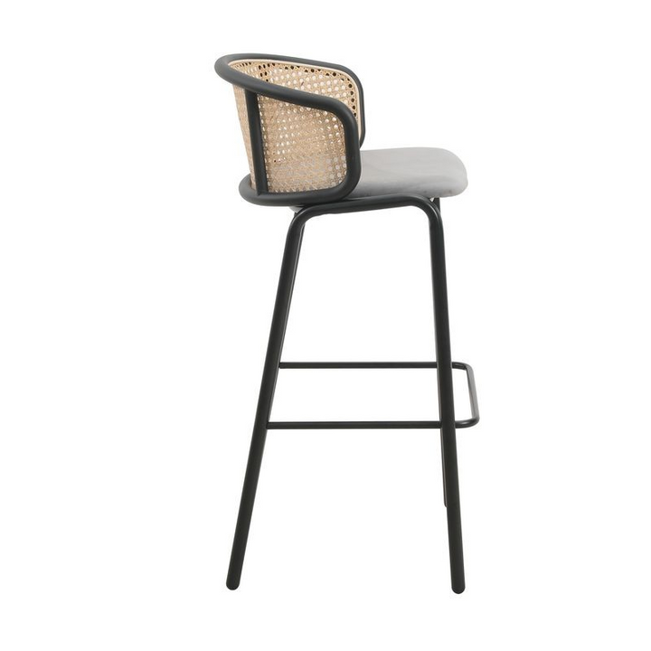 LeisureMod Ervilla Mid-Century Modern Wicker Bar Stool with Fabric Seat and Black Powder Coated Steel Frame for Kitchen and Dining Room in Grey Side View.