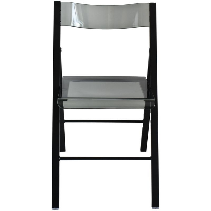 LeisureMod Menno Modern Acrylic Folding Chair Black Frame with Transparent Black Seat Front View.