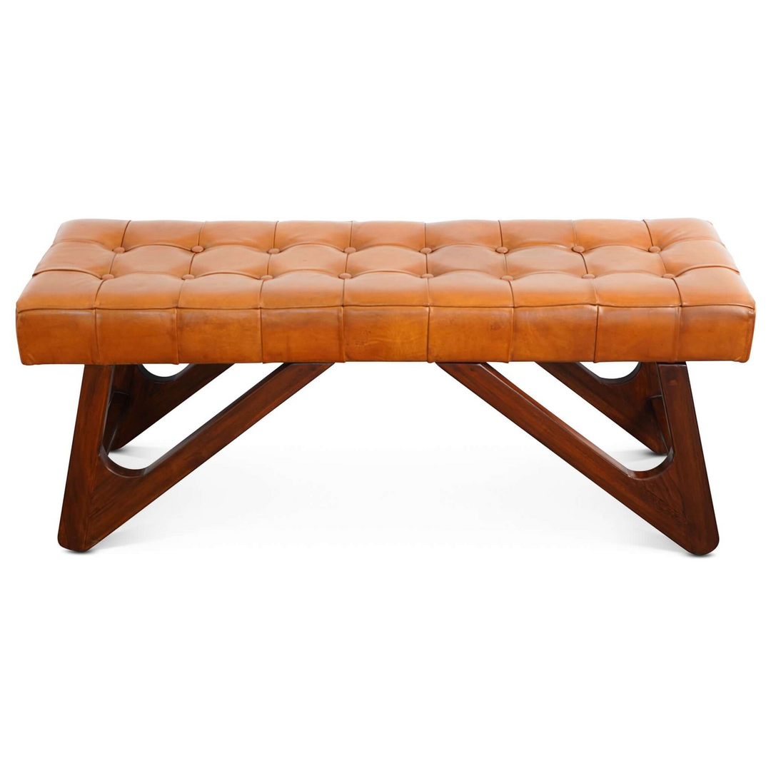 Mia Tan Leather Bench with Buttons