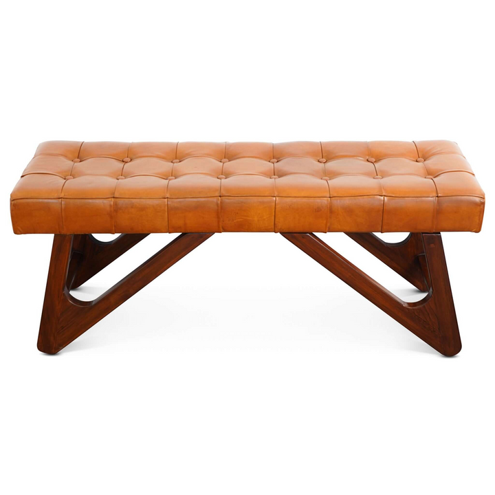 Mia Tan Leather Bench with Buttons
