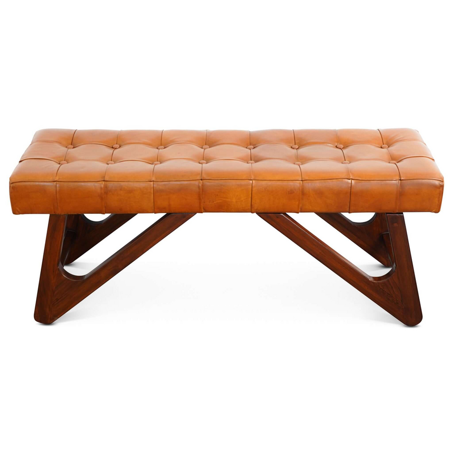 Mia Tan Leather Bench with Buttons