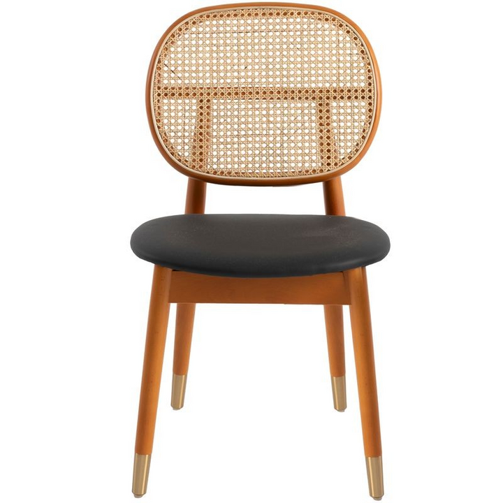 LeisureMod Holbeck Wicker Dining Chair with Upholstered Leather Seat and Beech Wood Legs Black Front View.