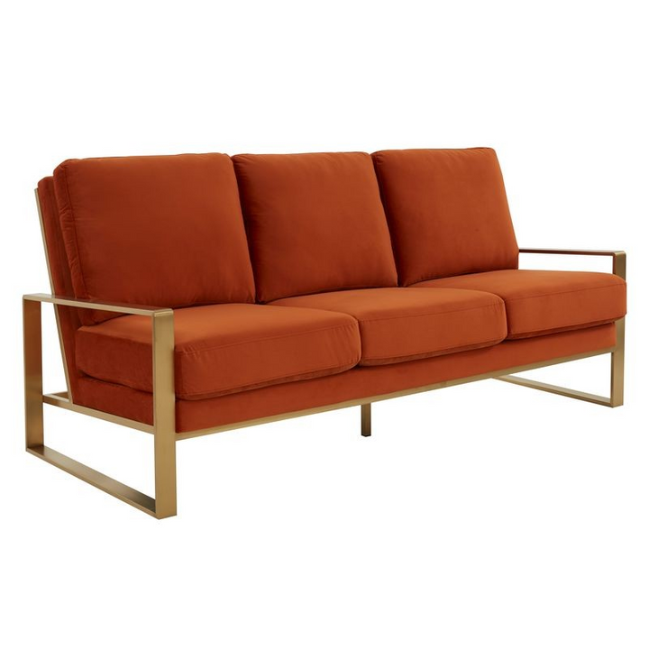 LeisureMod Jefferson Contemporary Modern Design Velvet Sofa with Gold Frame Orange.