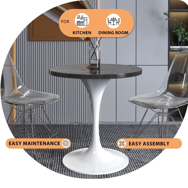 LeisureMod Verve Collection 27 Round Dining Table, White Base with Sintered Stone Black Top Description.