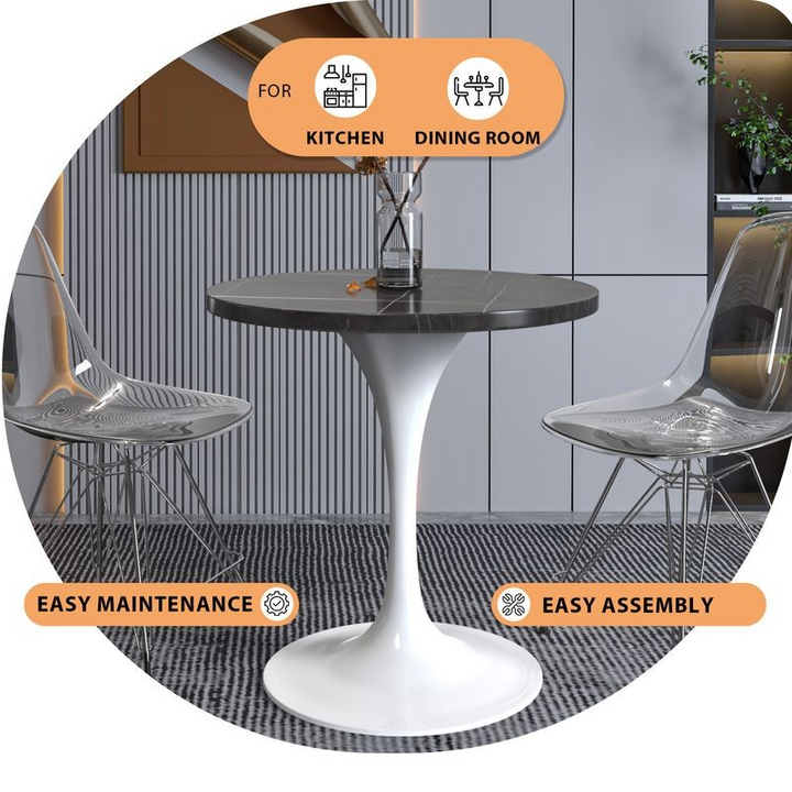LeisureMod Verve Collection 27 Round Dining Table, White Base with Sintered Stone Black Top Description.