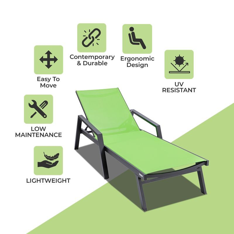 LeisureMod Marlin Patio Chaise Lounge Chair with Armrests in Black Aluminum Frame Green Description.
