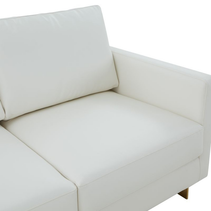 LeisureMod Lincoln Modern Mid-Century Upholstered PU Leather Loveseat with Gold Frame White Zoomed In.
