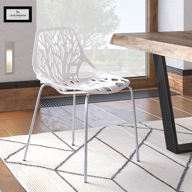 LeisureMod Modern Asbury Dining Chair w/ Chromed Legs White at Table.
