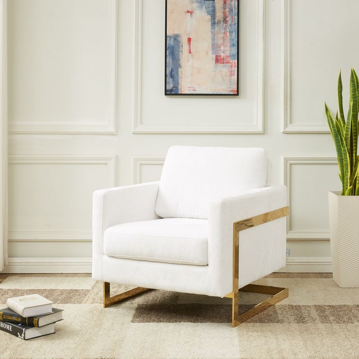 LeisureMod Lincoln Boucle Fabric Accent Armchair with Gold Stainless Steel Frame and Removable Back Cushion in White with Background.