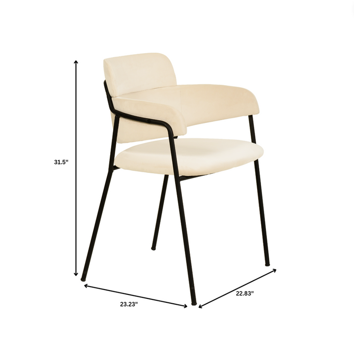 Beige chair with black metal legs and dimensions labeled on a white background.