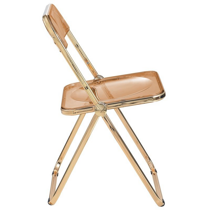LeisureMod Lawrence Acrylic Folding Chair with Gold Metal Frame Tangerine Side View.