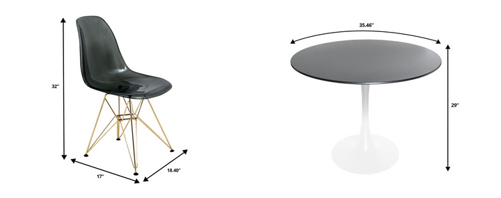 LeisureMod 5-Piece Dining Set with 35" Round Dining Table in White Iron Pedestal Base and 4 ABS Plastic Side Chair with Gold Base Transparent Black Dimensions.