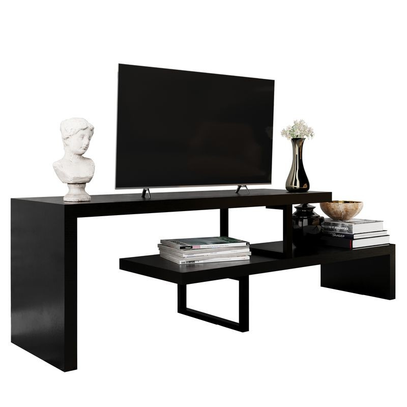 LeisureMod Orford Mid-Century Modern TV Stand with MDF Shelves and Powder Coated Iron Legs in Ebony