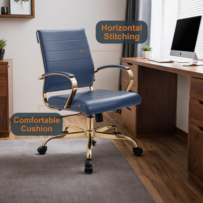 LeisureMod Benmar Home Leather Office Chair with Gold Frame Navy Blue at Desk.