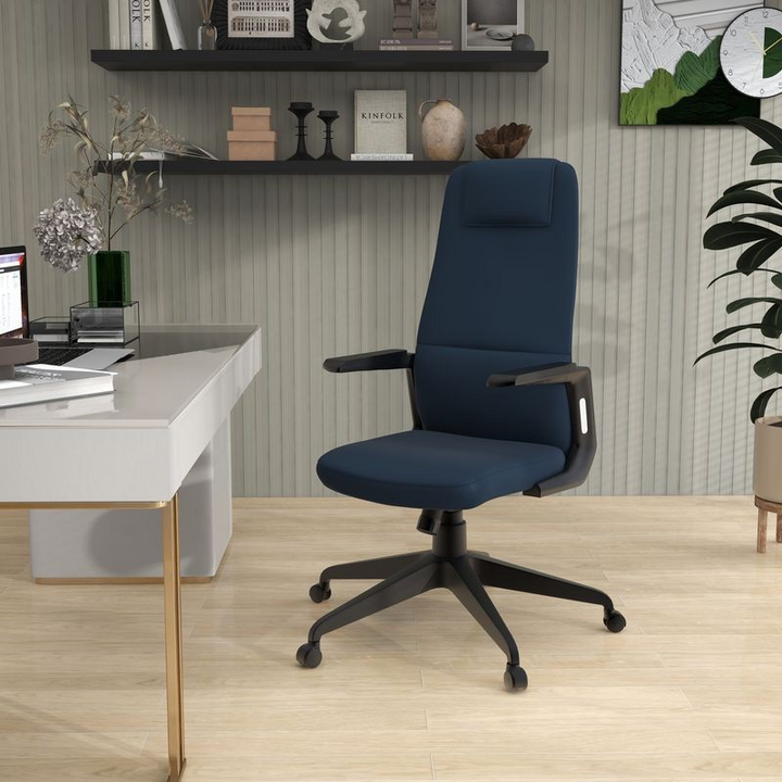 LeisureMod Nexa Collection Modern Office Chair in Blue at Desk.