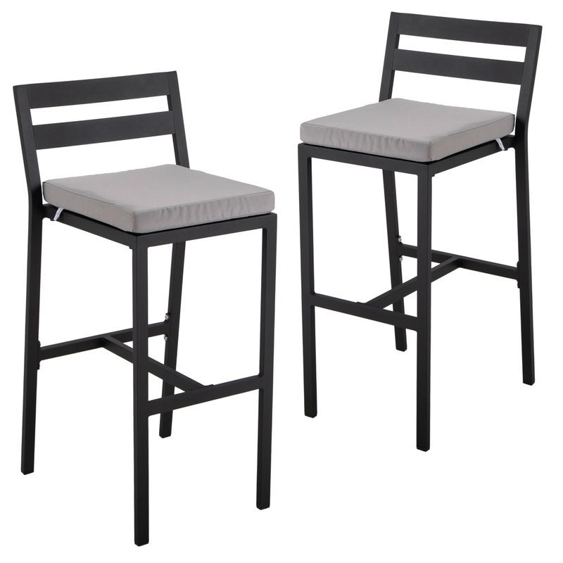 LeisureMod Chelsea Collection Modern Aluminum Outdoor Bar Chair in Black with Light Grey Cushions - Set of 2 Together.