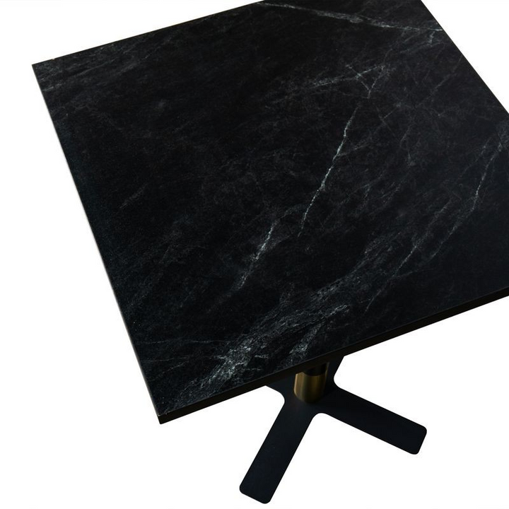 LeisureMod Vail Collection Dining Table Black/Gold X Base With 24" Square Black MDF Top Closeup.