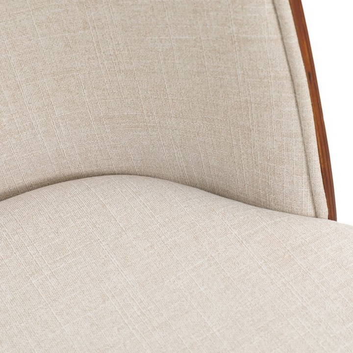 LeisureMod Tule Mid-Century Modern Fabric Dining Side Chair with White Powder-Coated Steel Frame Walnut/Beige Closeup.