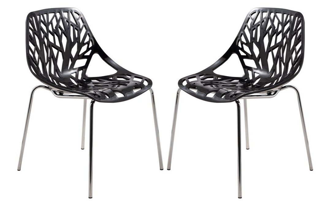 LeisureMod Modern Asbury Dining Chair w/ Chromed Legs, Set of 2 Black Together.