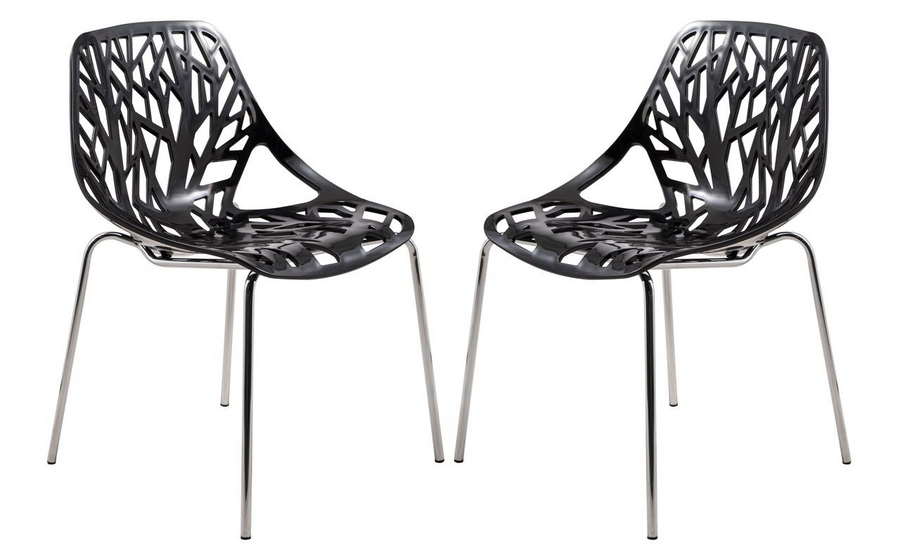 LeisureMod Modern Asbury Dining Chair w/ Chromed Legs, Set of 2 Black Together.
