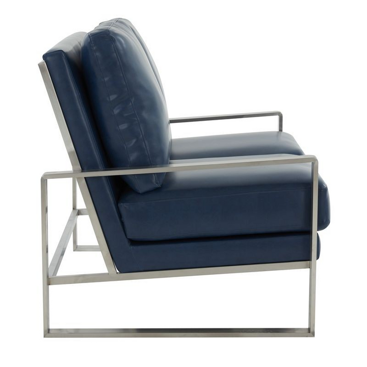 Leisuremod Jefferson Contemporary Modern Faux Leather Loveseat with Silver Frame Navy Blue Side View.
