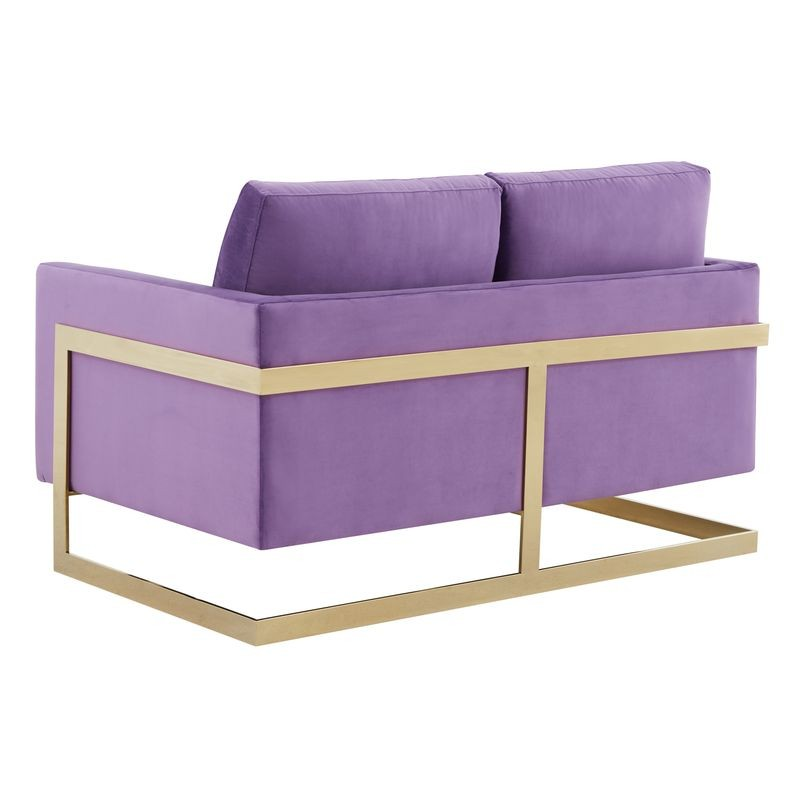 LeisureMod Lincoln Modern Mid-Century Upholstered Velvet Loveseat with Gold Frame Purple Back View.