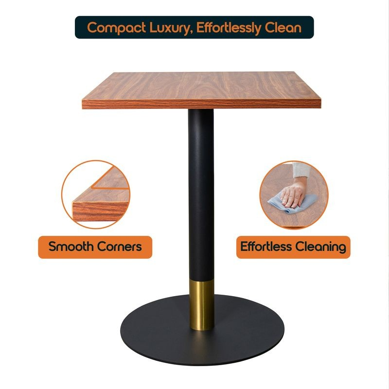 LeisureMod Vail Collection Dining Table Black/Gold Base With 24" Square Cognac Brown MDF Top Details.